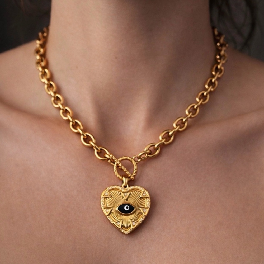 Evil Eye Gold Heart Pendant Necklace